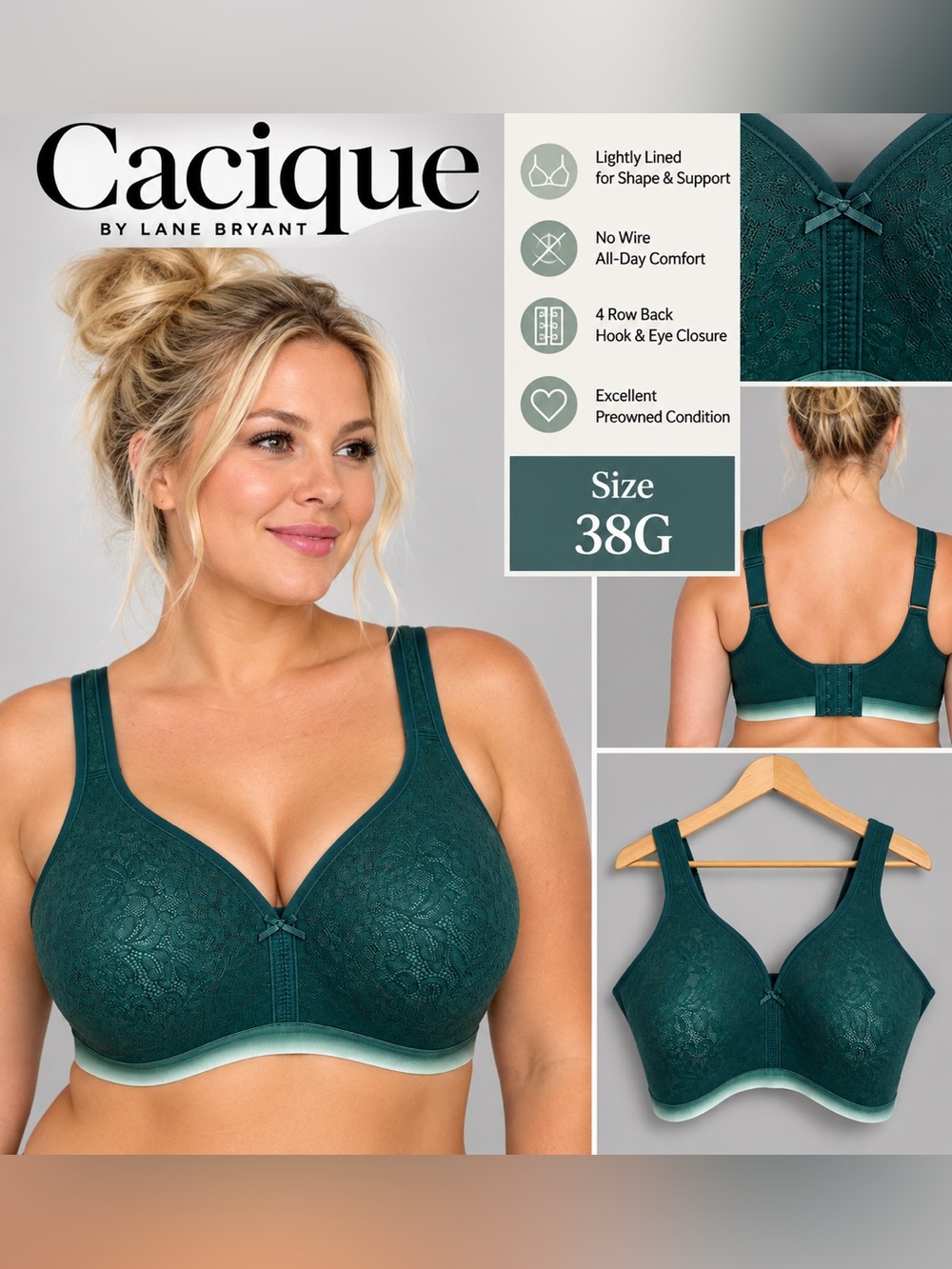 Cacique Lightly Lined No Wire Full Coverage Bra Teal Lace Size 38G